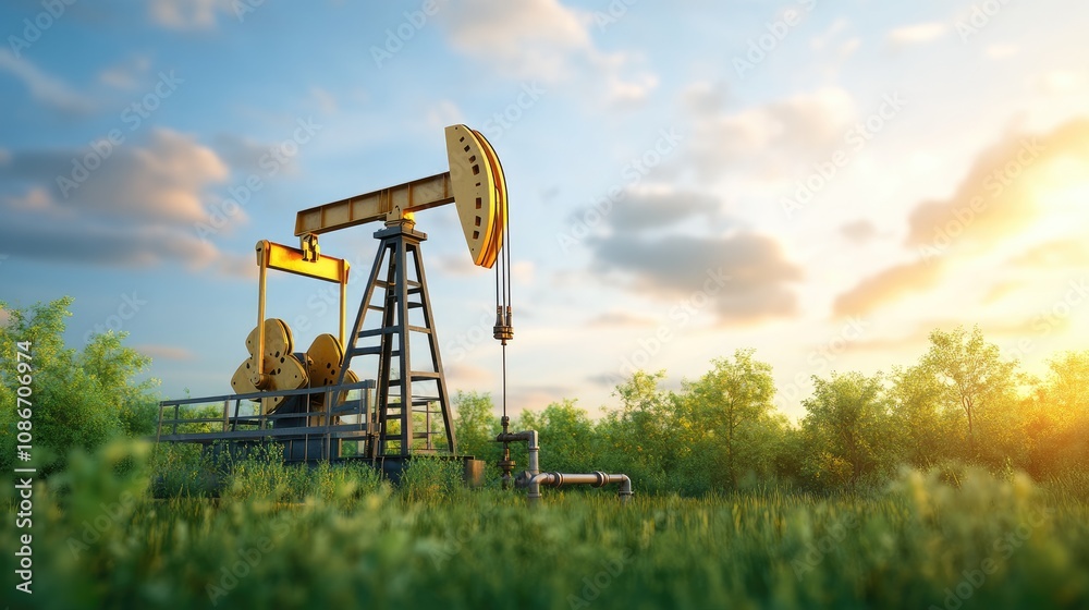 Oil pump jack in a green landscape during sunset, showcasing industrial energy production in a serene environment. Oil pump jack in a green landscape during sunset, showcasing industrial energy production in a serene environment.