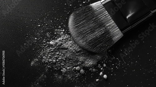 Close-Up Image of a Makeup Brush Spreading Loose Powder on a Dark Background, Showcasing Textures and Fine Details in Black and White photo