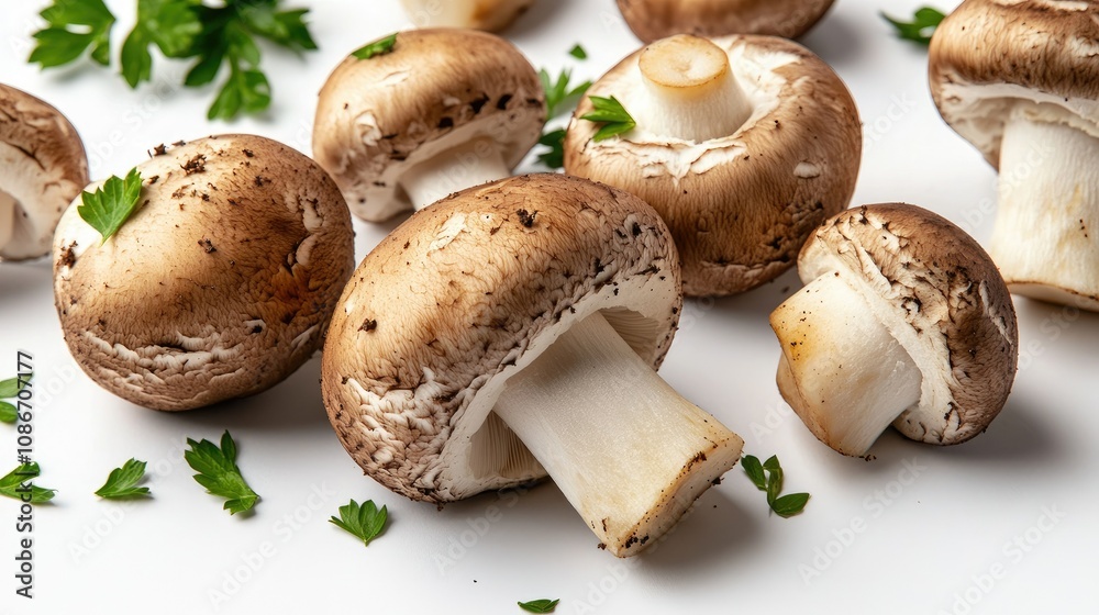 Fresh Brown Mushrooms on White Background Surrounded by Green Parsley Leaves, Perfect for Culinary Use in Recipes and Healthy Eating Concepts