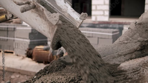 Concrete mixer truck pouring concrete at a construction site, contributing to the building of residential and commercial structures
