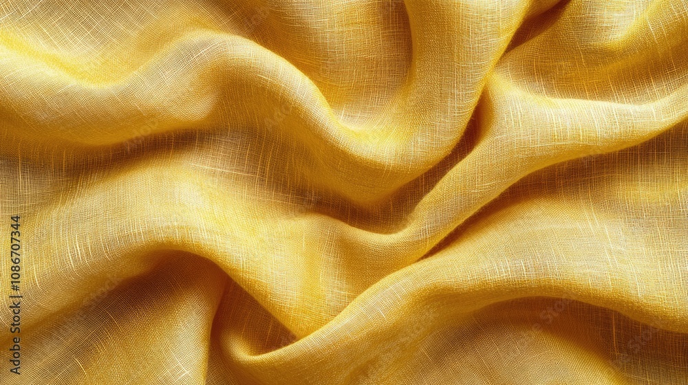Close-up of soft, flowing, yellow linen fabric with gentle waves creating an inviting texture. Close-up of soft, flowing, yellow linen fabric with gentle waves creating an inviting texture.