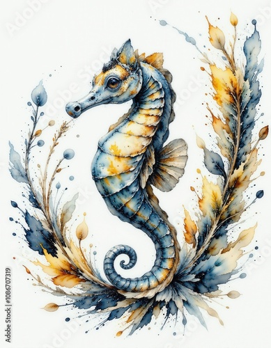 Whimsical seahorse art with watercolor leaves in serene pastel tones photo