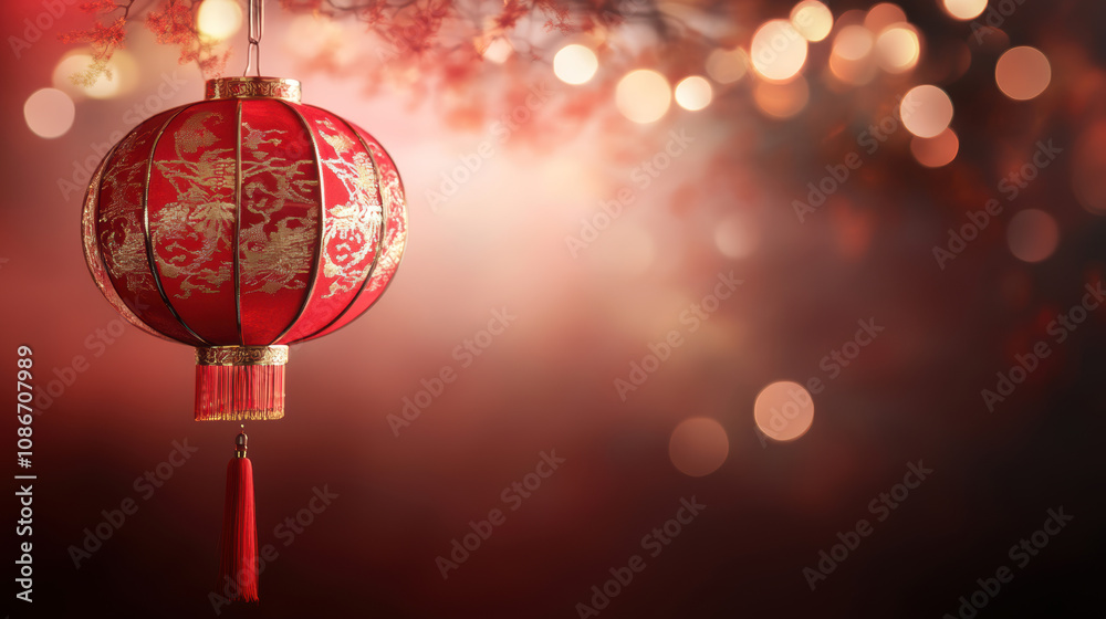 Elegant red lantern with golden designs glowing against a festive bokeh background Elegant red lantern with golden designs glowing against a festive bokeh background