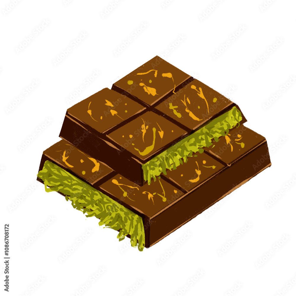 Dubai pisctachio kunafa chocolate bar food illustration for food menu or poster Dubai pisctachio kunafa chocolate bar food illustration for food menu or poster