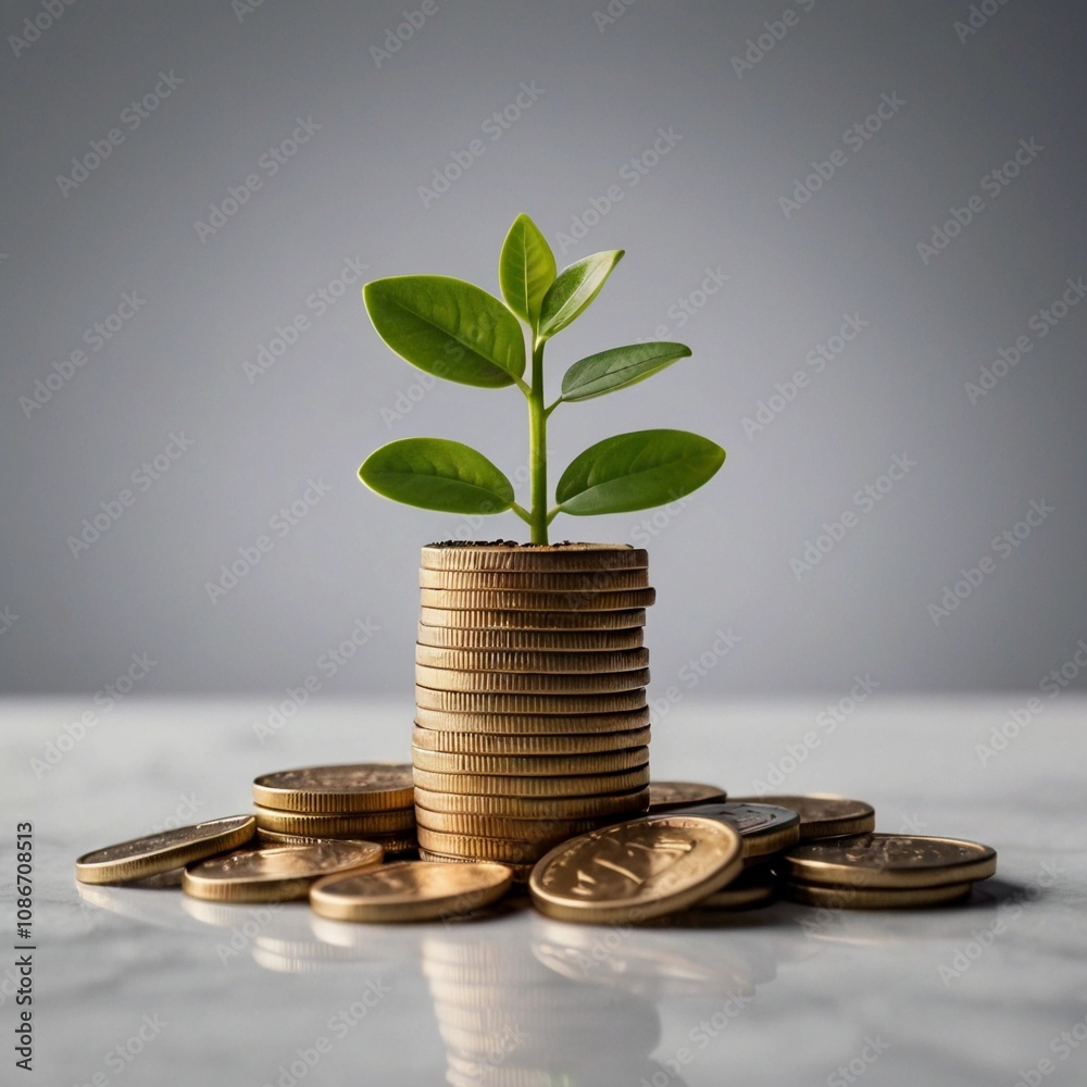 Stack of Coins with Growing Plant Stack of Coins with Growing Plant