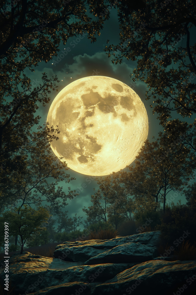 Fototapeta premium A full moon in the night sky over a forest with trees and rocks