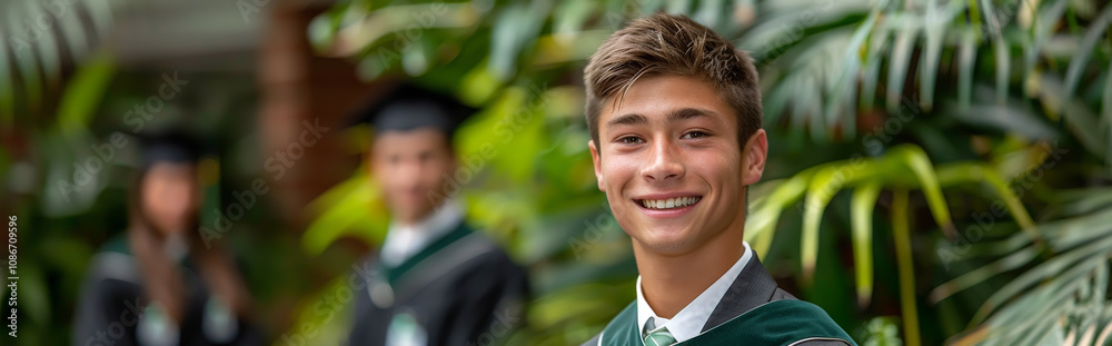 Joyful Graduation Celebration with Smiling Student in Cap and Gown, Perfect for Graduation Posters and Cards Joyful Graduation Celebration with Smiling Student in Cap and Gown, Perfect for Graduation Posters and Cards