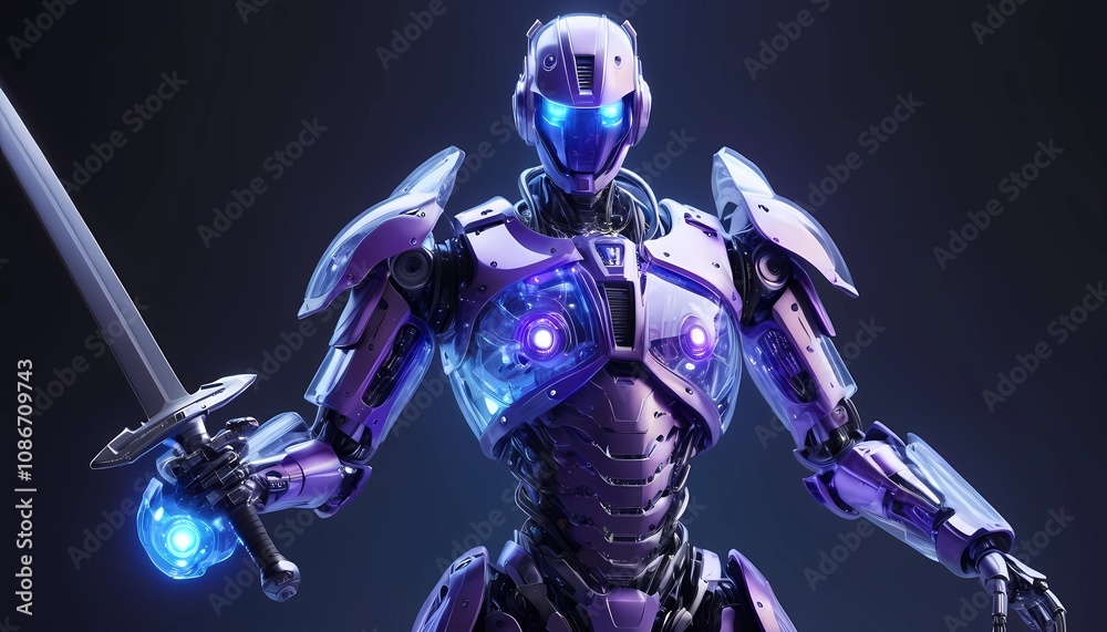 A robot that has a transparent body that has blue and purple LED lights. This robot also has a sword. A robot that has a transparent body that has blue and purple LED lights. This robot also has a sword.