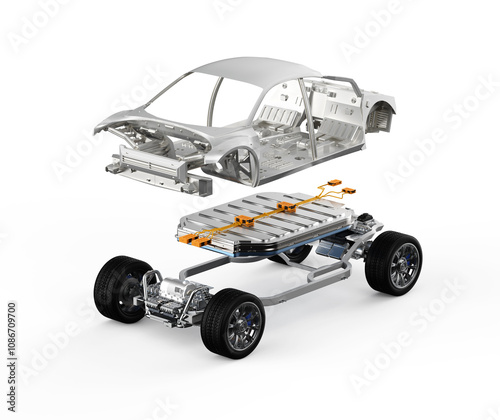 Explode view of golden electric vehicle battery with car frame