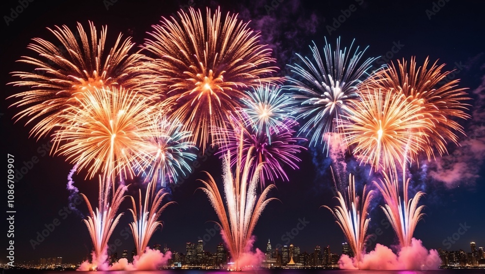 Fireworks light up the night sky in a dazzling display of celebration Fireworks light up the night sky in a dazzling display of celebration