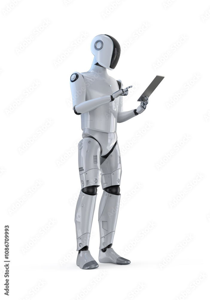 Humanoid robot with digital tablet isolated on white Humanoid robot with digital tablet isolated on white