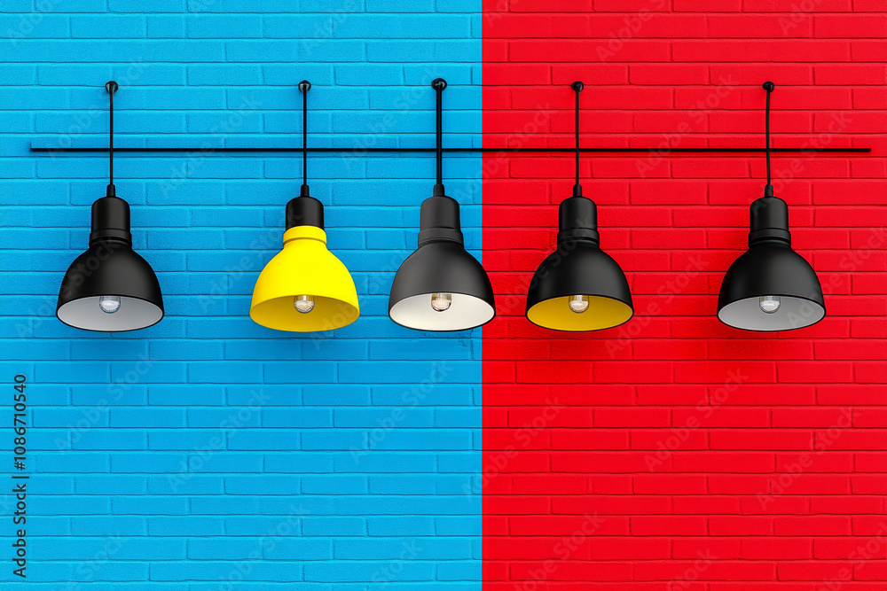 Naklejka premium Five hanging industrial lights, including one vibrant yellow light, against a split blue and red brick wall, showcasing a bold and minimalist design with striking color contrast.
