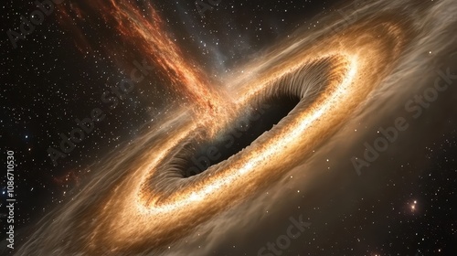 A stunning depiction of a black hole surrounded by a glowing accretion disk, showcasing the immense gravitational pull and cosmic beauty of the universe.