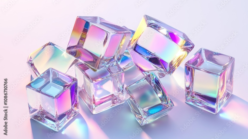 A vibrant arrangement of glass cubes reflecting a spectrum of colors, creating a mesmerizing visual effect.