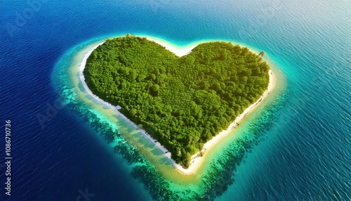 Aerial view of a heart-shaped tropical island featuring dense green vegetation and surrounded 