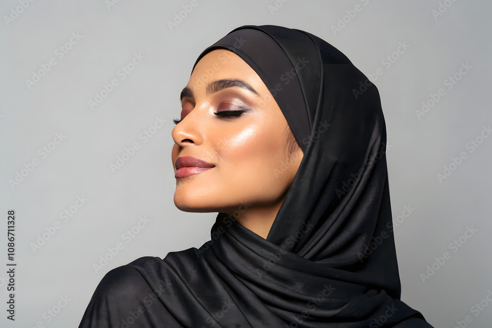 gorgeous hijabed model. isolated on grey background. created by Generative AI gorgeous hijabed model. isolated on grey background. created by Generative AI