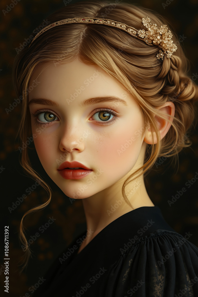 A young girl wearing a gold headband with flowers on it A young girl wearing a gold headband with flowers on it