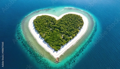 Aerial view of a heart-shaped tropical island featuring dense green vegetation and surrounded 