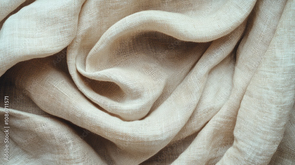 Textured beige fabric draped elegantly, showcasing its soft folds and natural weave. Textured beige fabric draped elegantly, showcasing its soft folds and natural weave.