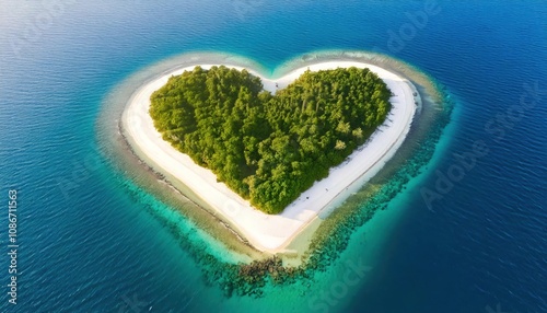 Aerial view of a heart-shaped tropical island featuring dense green vegetation and surrounded 