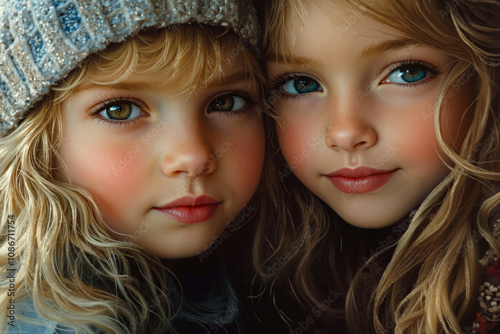 A painting of two little girls with blue eyes A painting of two little girls with blue eyes
