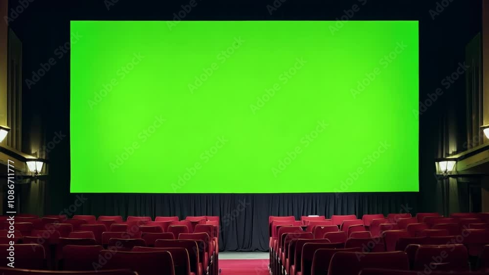 Empty cinema with a large green blank screen. Mock up