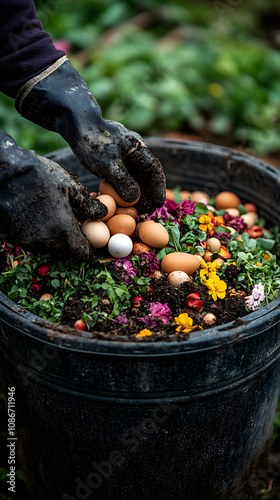 A person wearing gardening gloves holding an egg and tending to a nest in an outdoor environment, symbolizing care, sustainability, and the nurturing of life, ideal for themes related to organic farmi photo