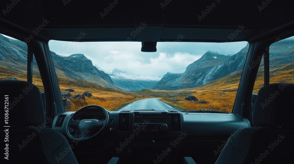 A scenic view from a camper van showcasing lush mountains and a winding road under a cloudy sky. A scenic view from a camper van showcasing lush mountains and a winding road under a cloudy sky.