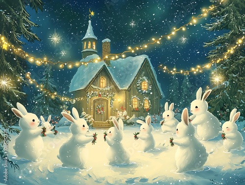 Adorable cartoon snow bunnies making snow angels, decorated winter cottages, Christmas garlands, starry night sky photo