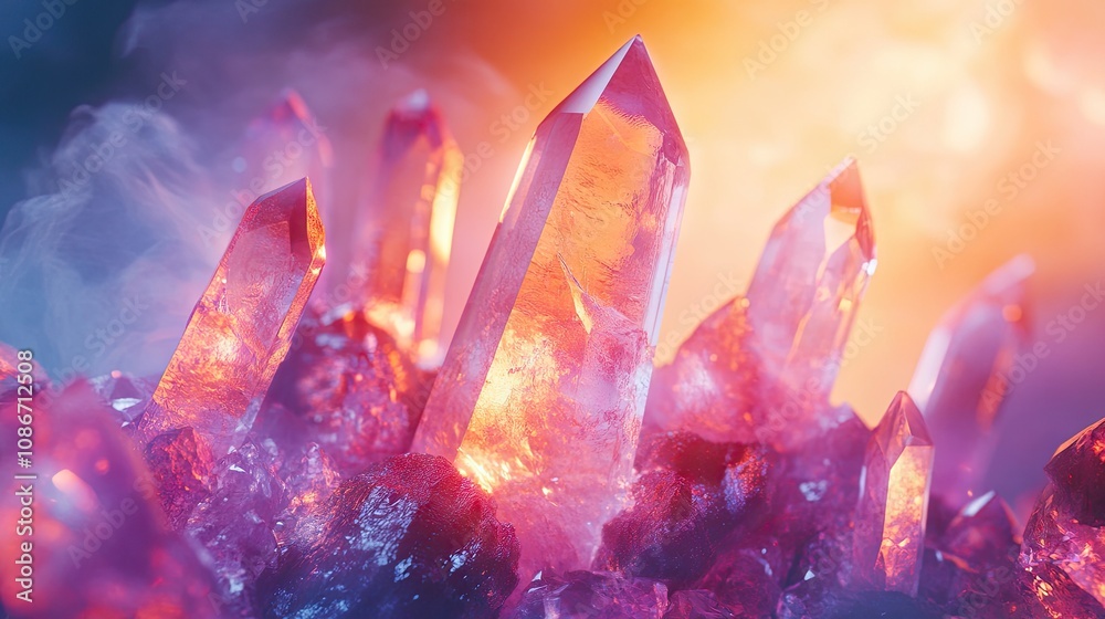 A dazzling cluster of shimmering crystal formations radiating vibrant hues of purple and orange. A dazzling cluster of shimmering crystal formations radiating vibrant hues of purple and orange.