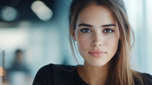 A female executive discussing project plans with her team, her expression serious and attentive, soft office lighting to create a productive atmosphere