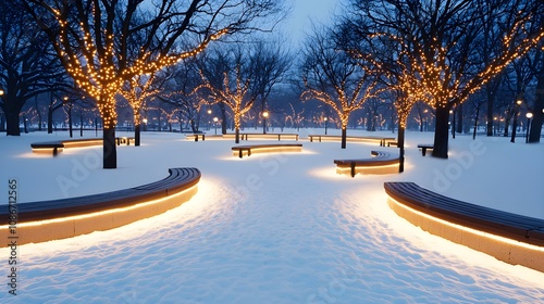 Winter park layout, circular benches and bare trees, serene and empty atmosphere photo