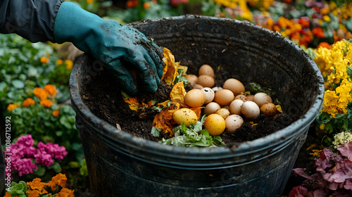 A person wearing gardening gloves holding an egg and tending to a nest in an outdoor environment, symbolizing care, sustainability, and the nurturing of life, ideal for themes related to organic farmi photo