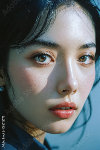 A close up of a woman with freckles on her face. photo