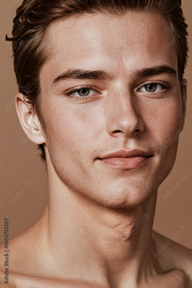 Obraz premium A shirtless young man with brown hair and blue eyes.