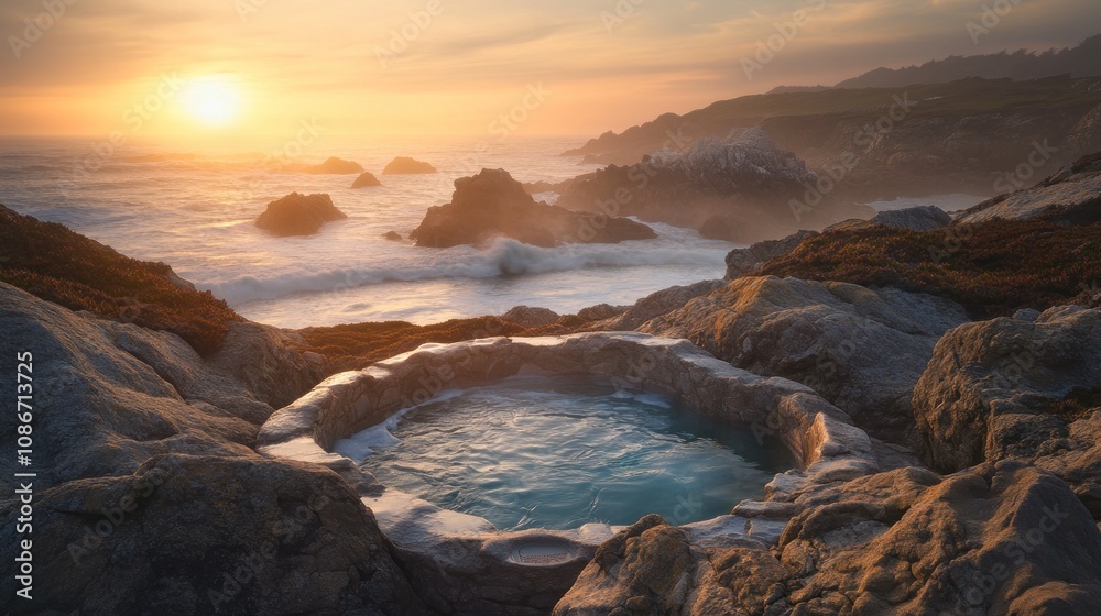A serene ocean view featuring a hot tub on rocky shores at sunset. A serene ocean view featuring a hot tub on rocky shores at sunset.