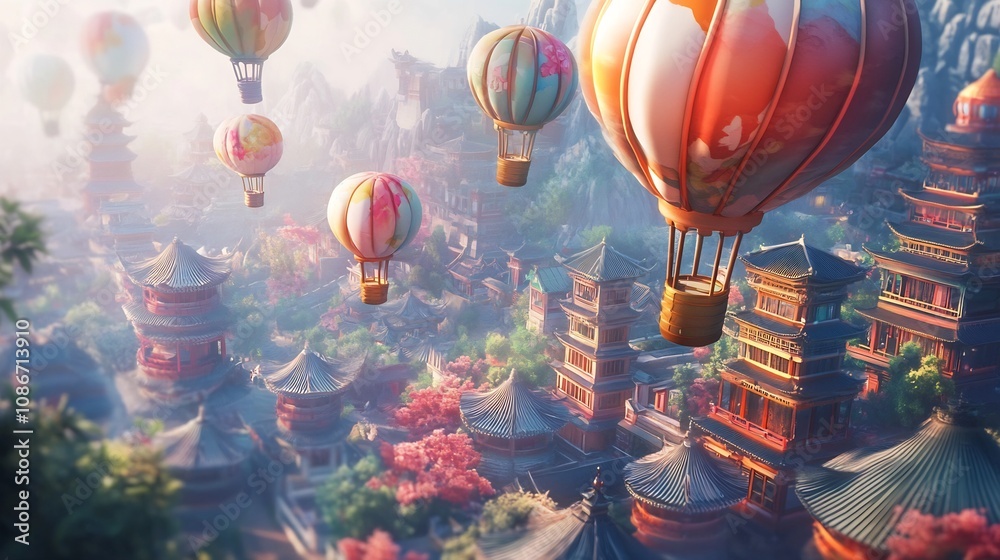Fototapeta premium Soaring Hot Air Balloons Over Enchanting Asian City Skyline