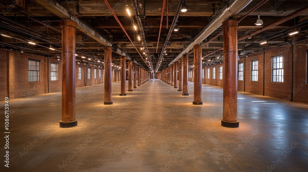 A spacious industrial interior with wooden columns and polished concrete flooring. A spacious industrial interior with wooden columns and polished concrete flooring.