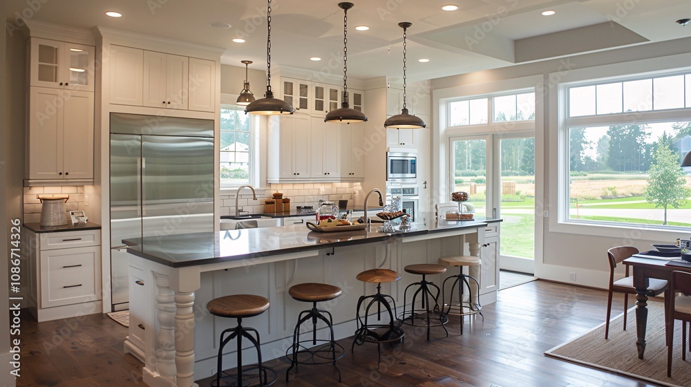 Modern Kitchen with Island and Large Windows Modern Kitchen with Island and Large Windows