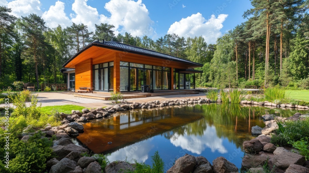 Modern wooden house by a serene pond surrounded by lush greenery and trees. Modern wooden house by a serene pond surrounded by lush greenery and trees.