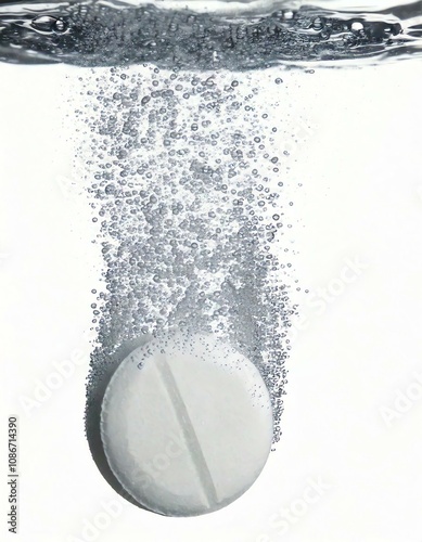 A tablet dissolving in water, creating bubbles and ripples on the surface.