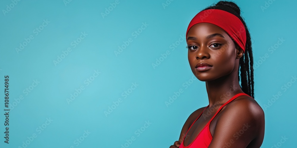 A woman in a red tank top and red headband poses for the camera. The image has a bright and energetic mood, with the woman's red outfit and headband adding a pop of color to the scene A woman in a red tank top and red headband poses for the camera. The image has a bright and energetic mood, with the woman's red outfit and headband adding a pop of color to the scene