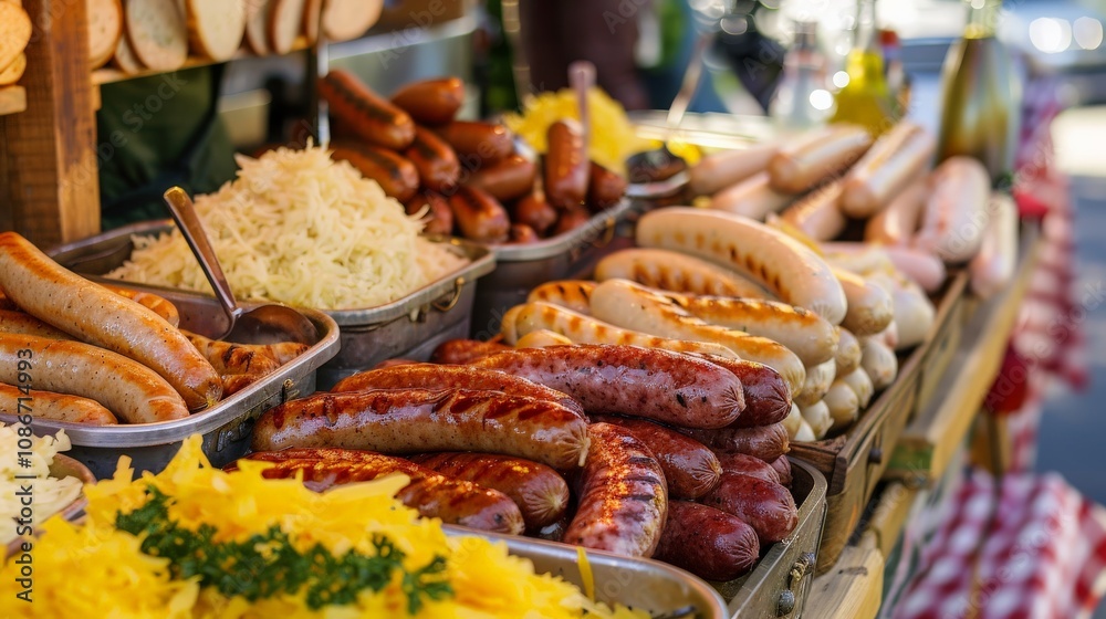 Obraz premium A German bratwurst stand with a variety of sausages, sauerkraut, and mustard