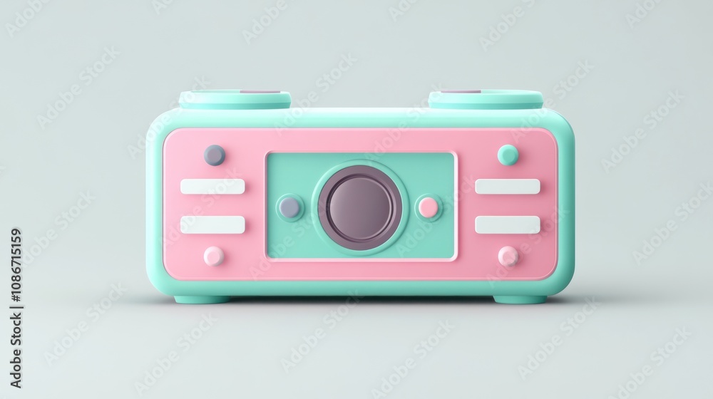 A pastel-colored retro radio with buttons and a speaker design. A pastel-colored retro radio with buttons and a speaker design.