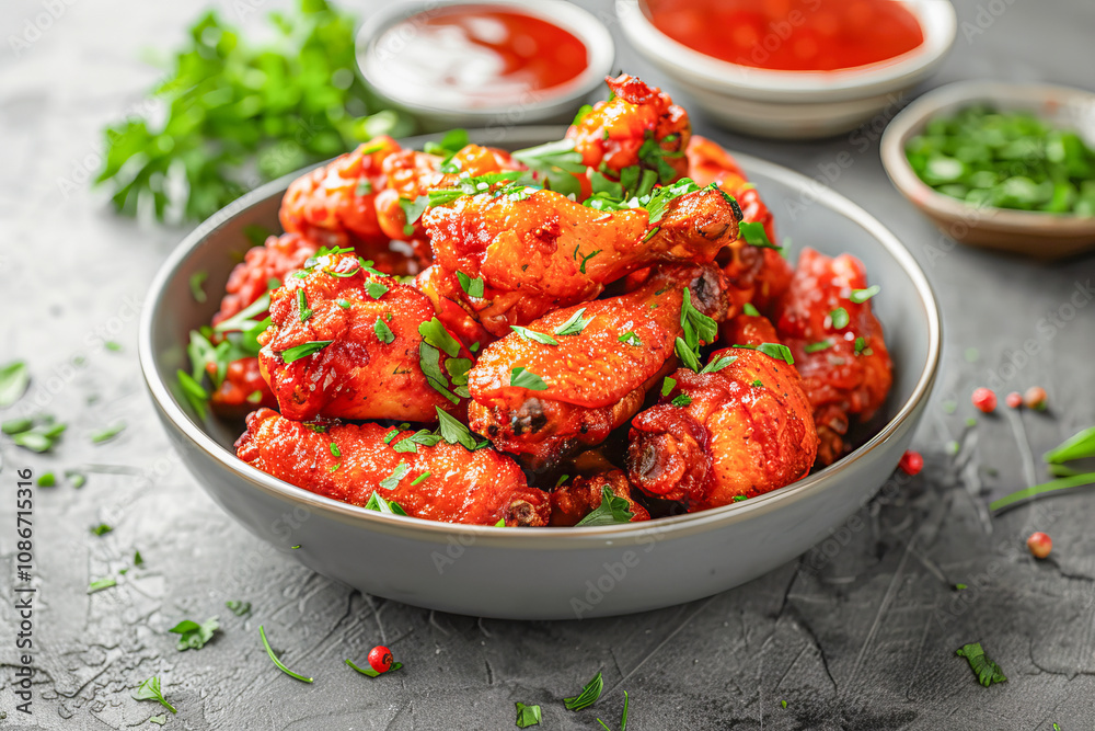 Bowl full of crispy spicy chicken wings garnished with fresh herbs Bowl full of crispy spicy chicken wings garnished with fresh herbs