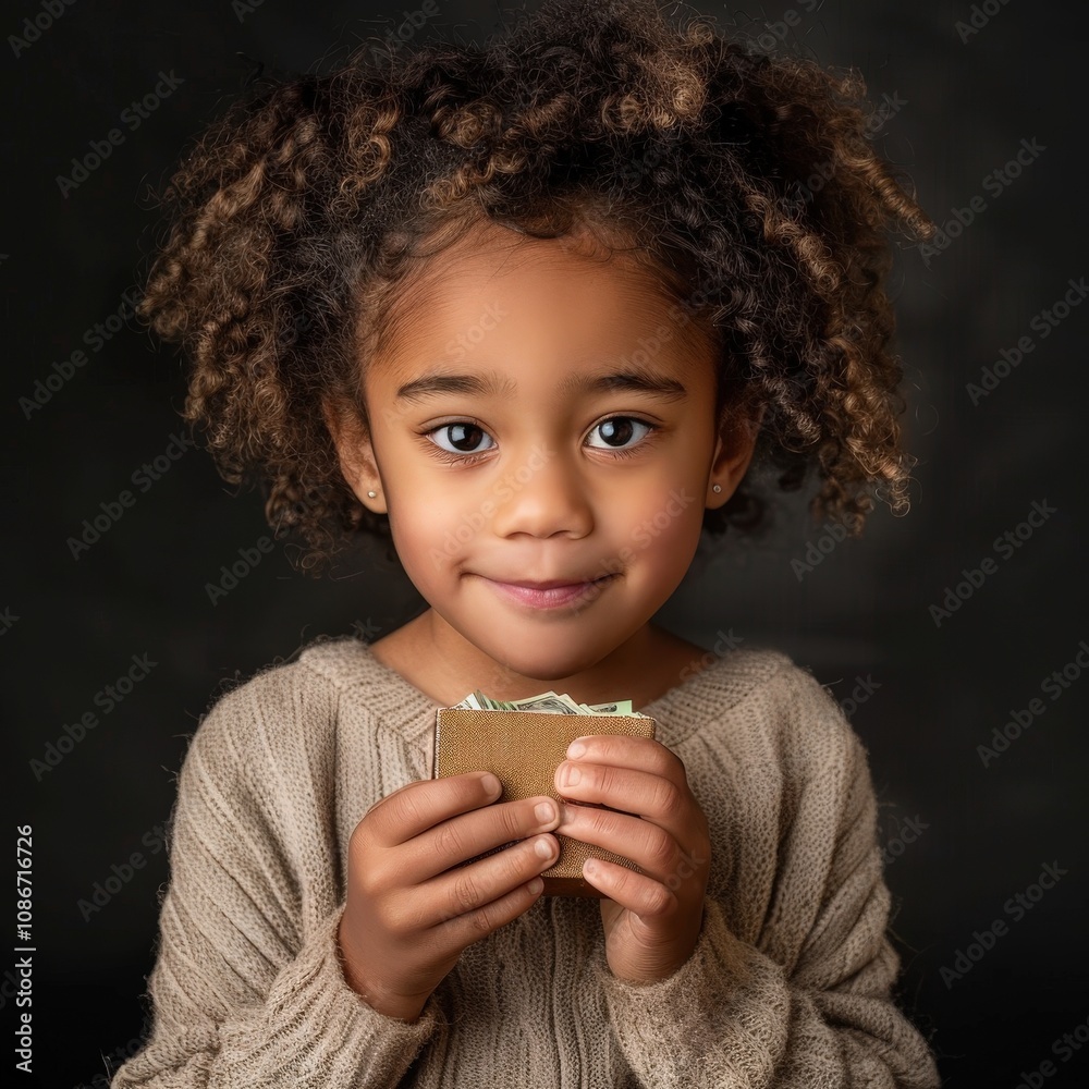 Smiling Child Holding Money with a Cozy Background Smiling Child Holding Money with a Cozy Background