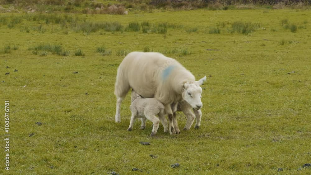 Lambs feeding of their mother in a field 4K stock footage Lambs feeding of their mother in a field 4K stock footage