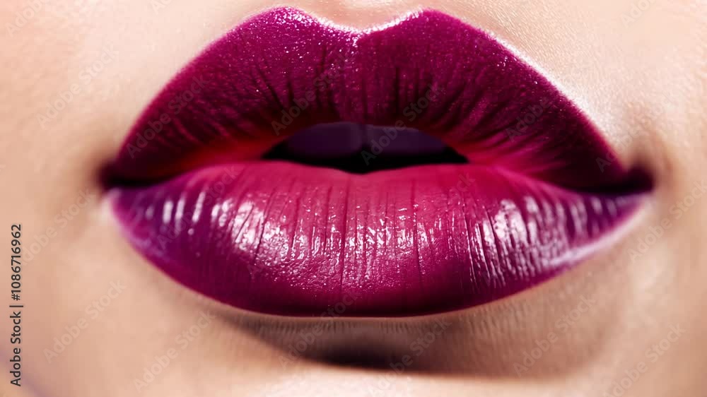 Close-up video of lips with matte, berry-colored lipstick under studio lighting, showcasing the matte finish and bold color Close-up video of lips with matte, berry-colored lipstick under studio lighting, showcasing the matte finish and bold color