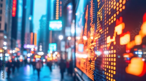 Urban scene with digital data display  showcasing a bustling city atmosphere.