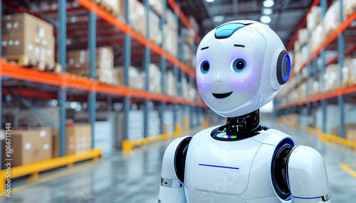 A cheerful humanoid robot in the warehouse of an online store in the foreground, in the background a modern warehouse with shelves and goods in boxes.